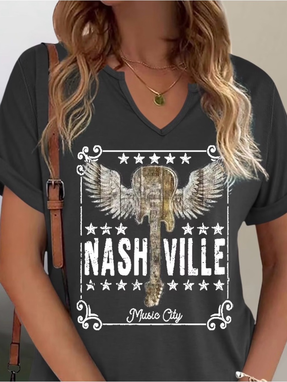 Nashville Music City Guitar Women’s SS Tee Gray Size Medium